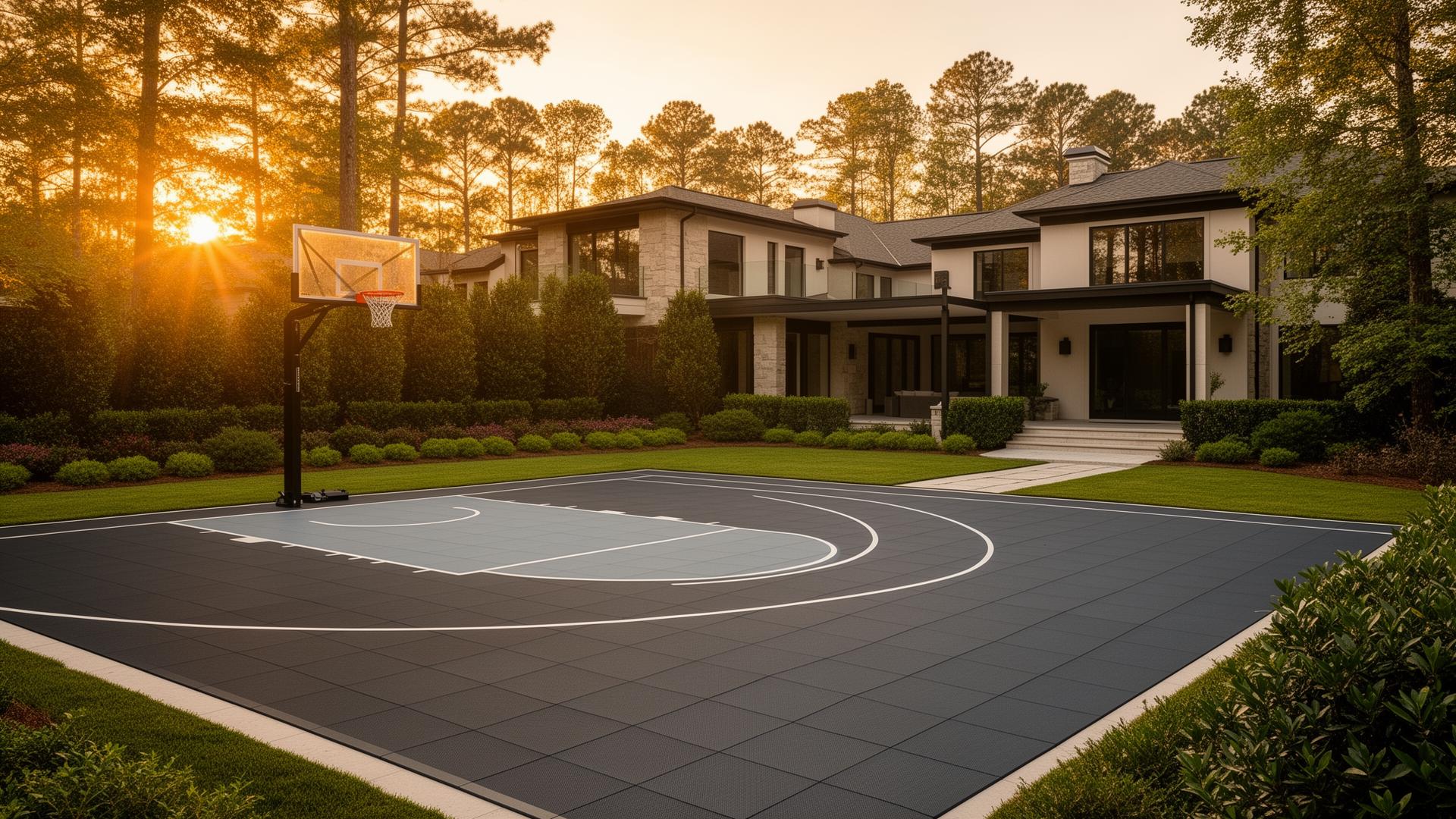 Premium residential backyard basketball court with cushioned modular sport tiles and regulation key in Georgia