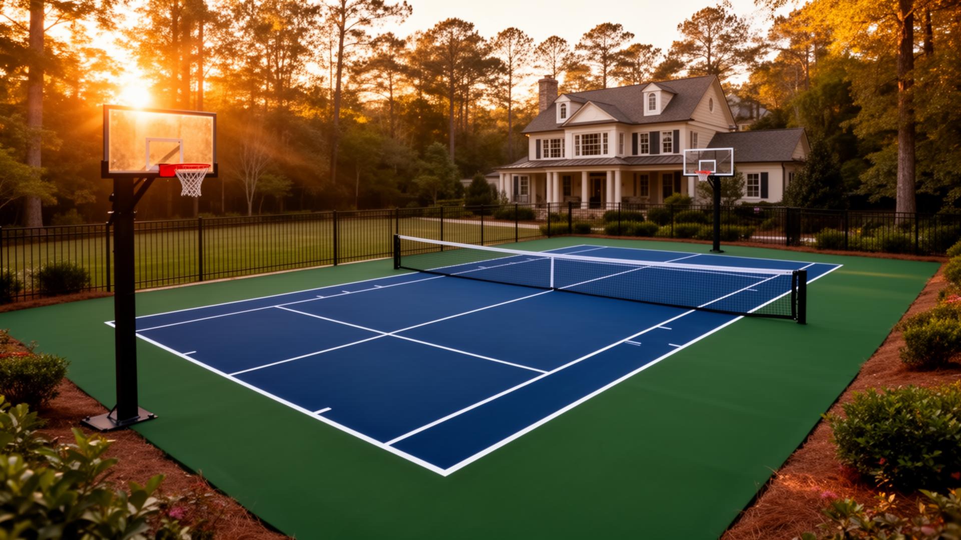 Premium residential multi-sport backyard court combining pickleball and basketball lines on a cushioned acrylic surface in Georgia