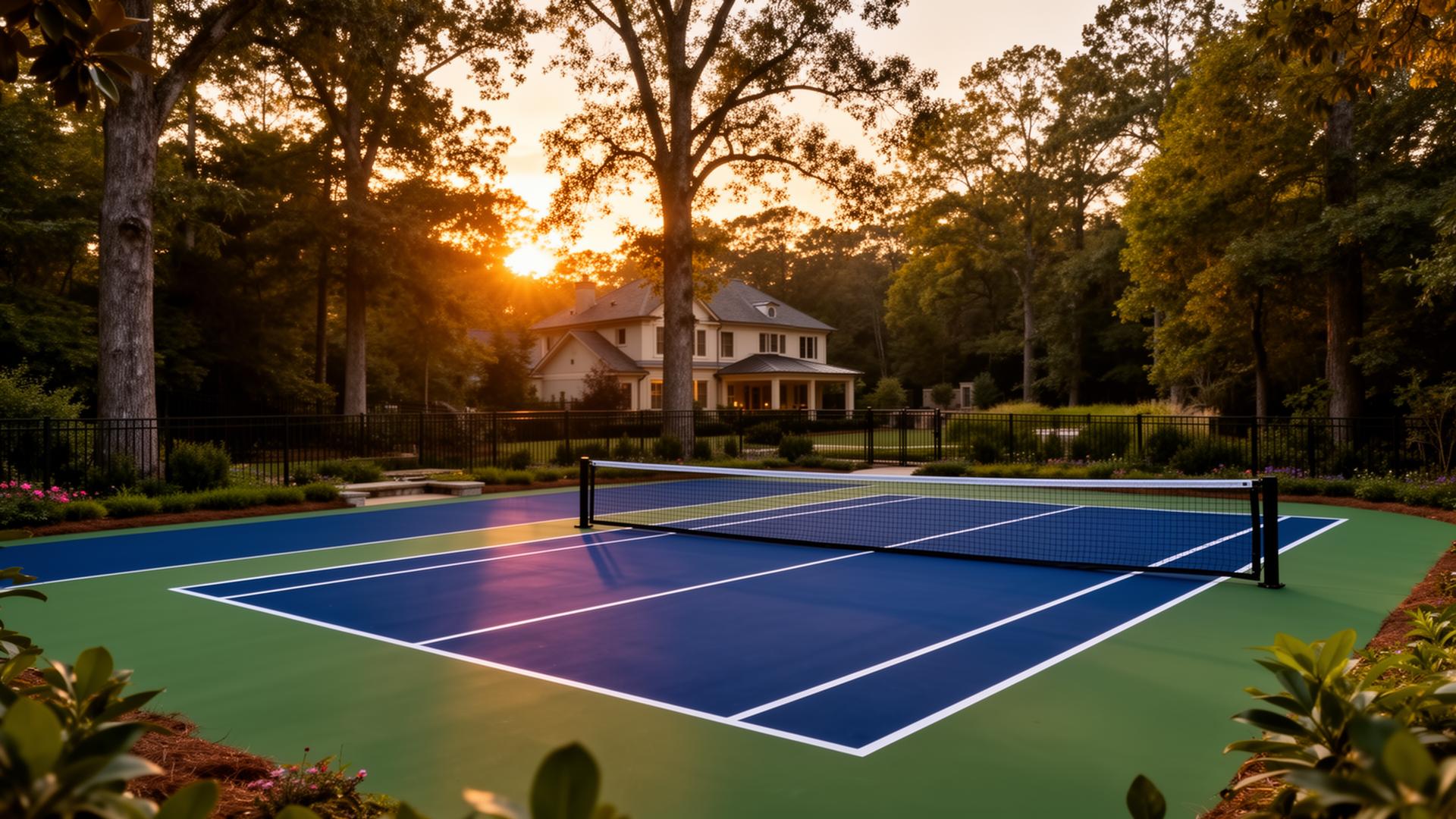 Custom residential backyard pickleball court with cushioned acrylic surface and regulation striping in Georgia